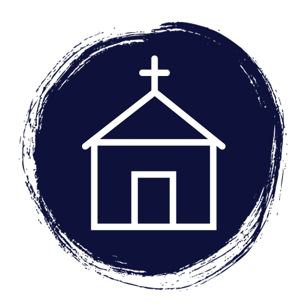 A circular icon with a line drawing of a church building in the center, a cross upon its roof.