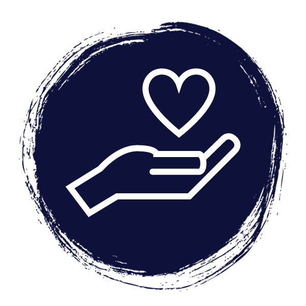 A circular icon with a line drawing of a single open hand with a heart floating above it.