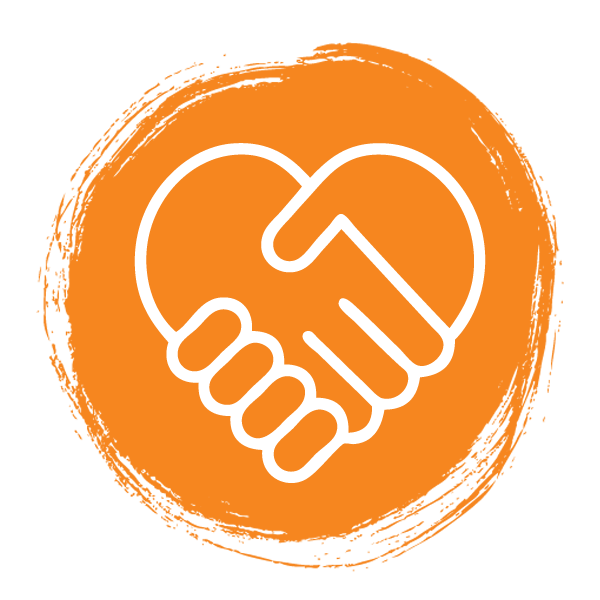 A circular icon with a line drawing of two hands coming together in the shape of a heart.